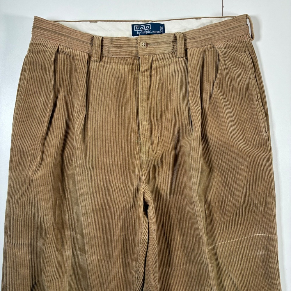 Vintage Polo Ralph Lauren Andrew Corduroy Pant 33x30 Tan Double Pleated Wide Leg